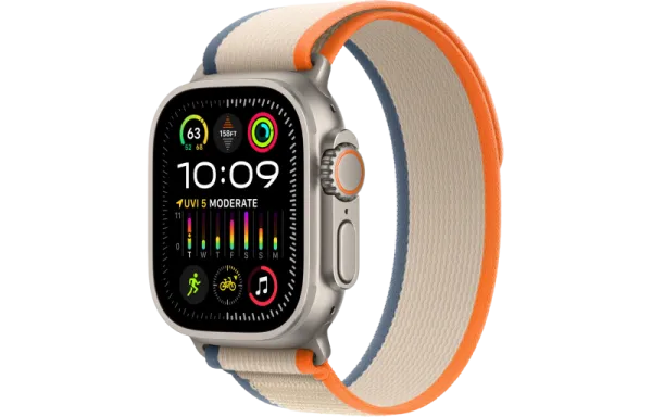 Apple Watch Series Ultra 2 49mm Natural Titanium Case with Orange/Beige Trail Loop S/M